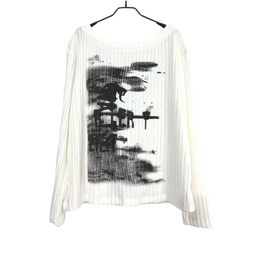 Y2K Black &amp; White Geometric Top - Long Sleeve, Loose Fit, Round Neck