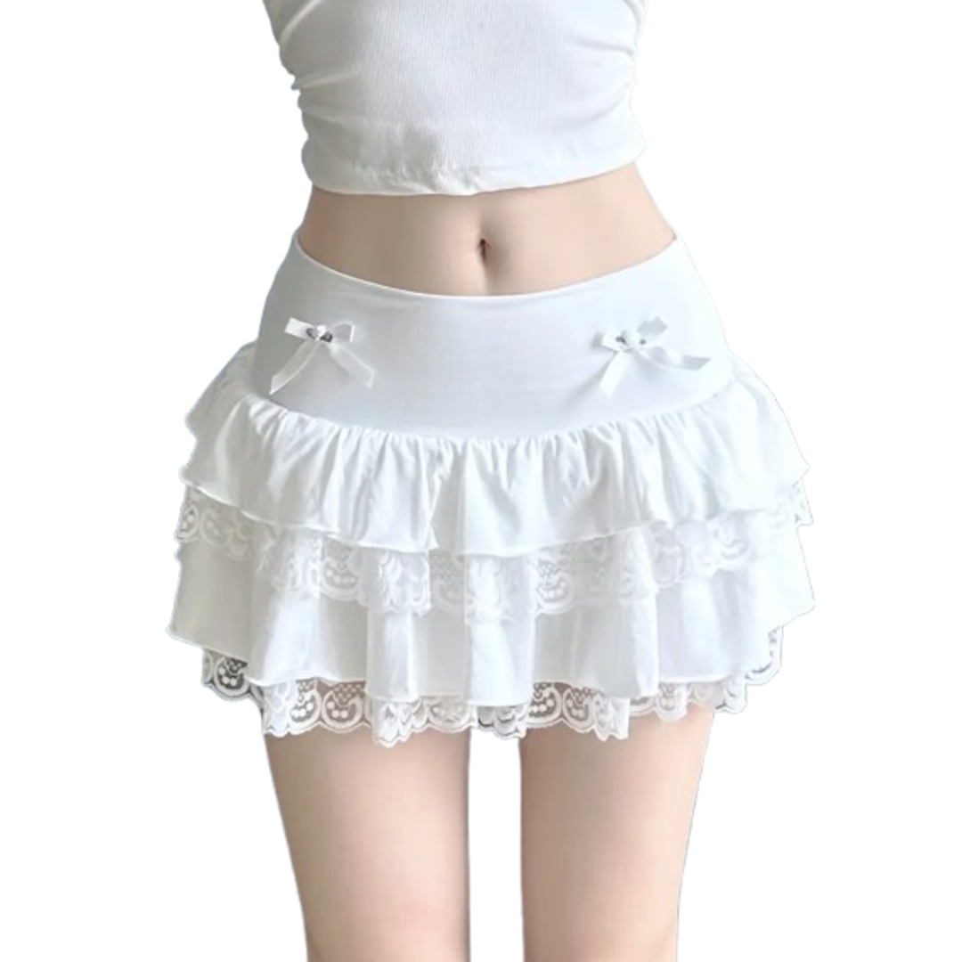 White Ruffled Mini Skirt - Lace Trim, Bow Detail, Elastic Waist, Party-Ready