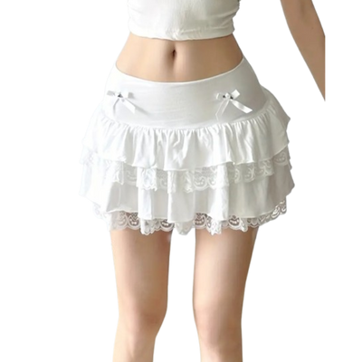 White Ruffled Mini Skirt - Lace Trim, Bow Detail, Elastic Waist, Party-Ready