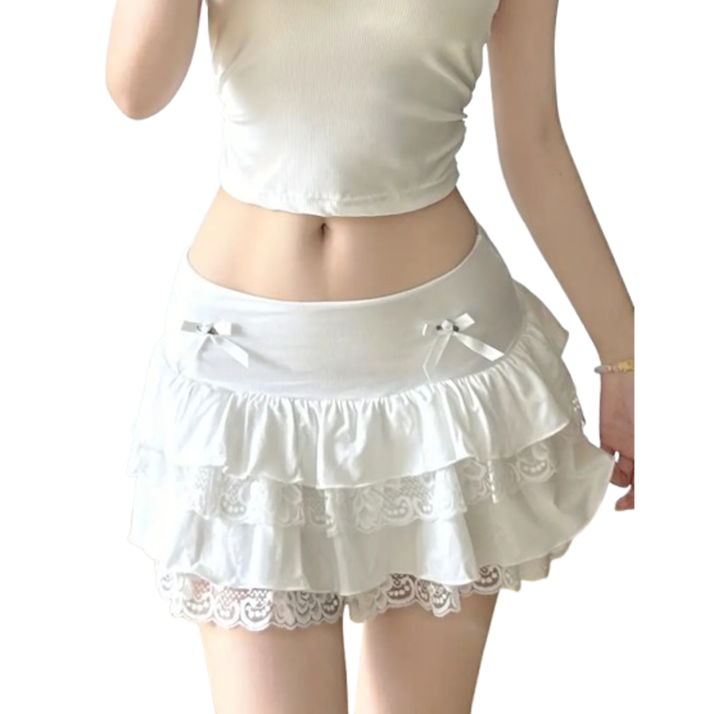 White Ruffled Mini Skirt - Lace Trim, Bow Detail, Elastic Waist, Party-Ready