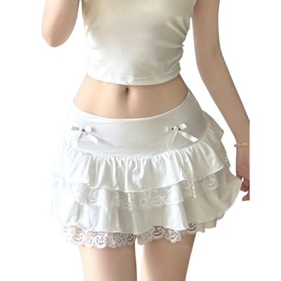 White Ruffled Mini Skirt - Lace Trim, Bow Detail, Elastic Waist, Party-Ready