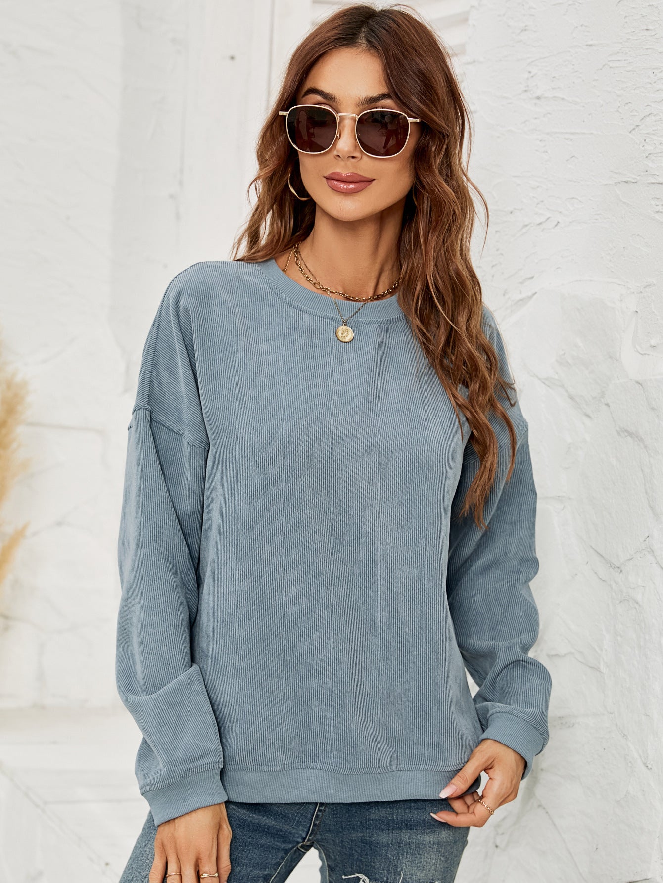 Corduroy Pullover Sweatshirt Casual Fashion Solid Round Neck Long-sleeved Tops Spring And Autumn Clothing For Women