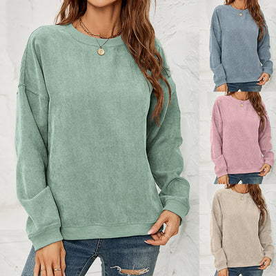 Corduroy Pullover Sweatshirt Casual Fashion Solid Round Neck Long-sleeved Tops Spring And Autumn Clothing For Women