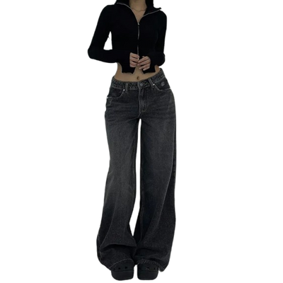 Women’s High-Waisted Wide-Leg Denim Jeans - Ultra-Long, Vintage Wash, Casual Straight Fit