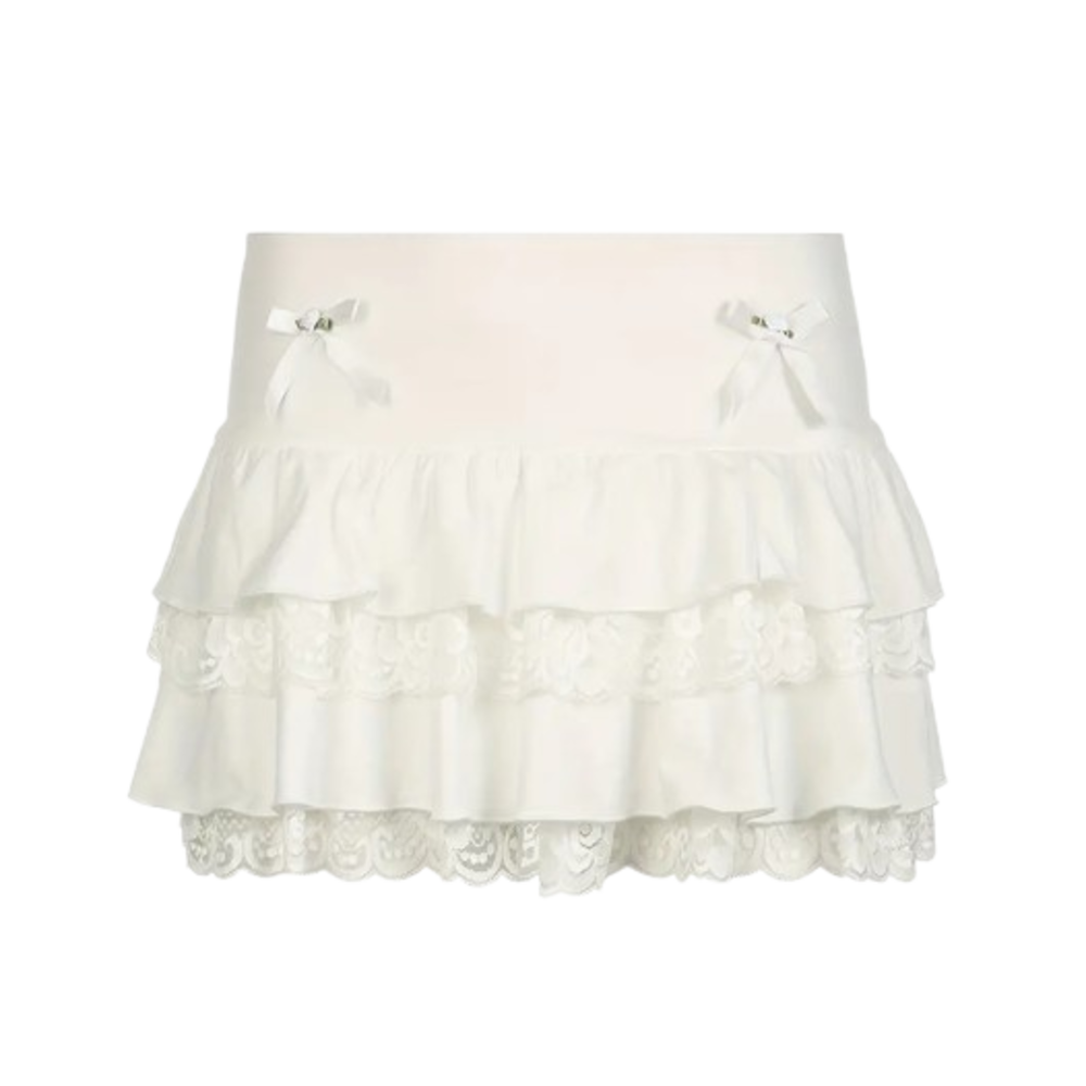 White Ruffled Mini Skirt - Lace Trim, Bow Detail, Elastic Waist, Party-Ready