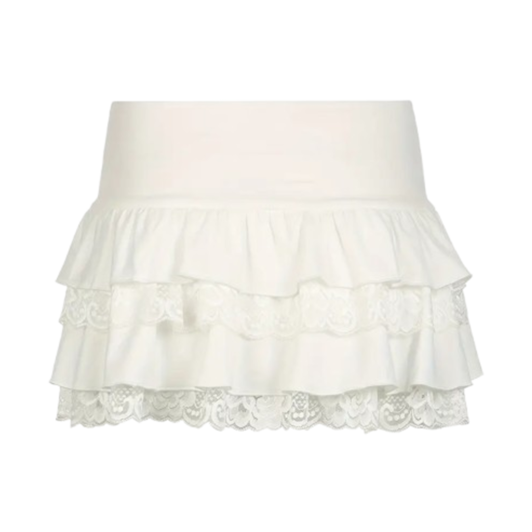 White Ruffled Mini Skirt - Lace Trim, Bow Detail, Elastic Waist, Party-Ready