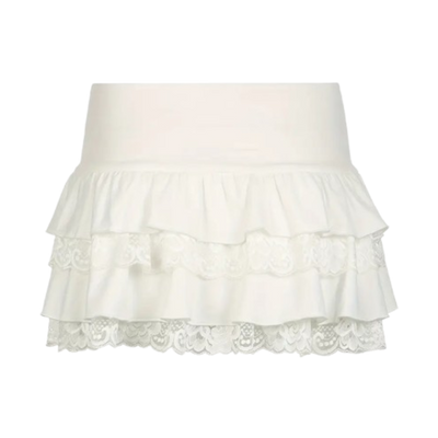 White Ruffled Mini Skirt - Lace Trim, Bow Detail, Elastic Waist, Party-Ready