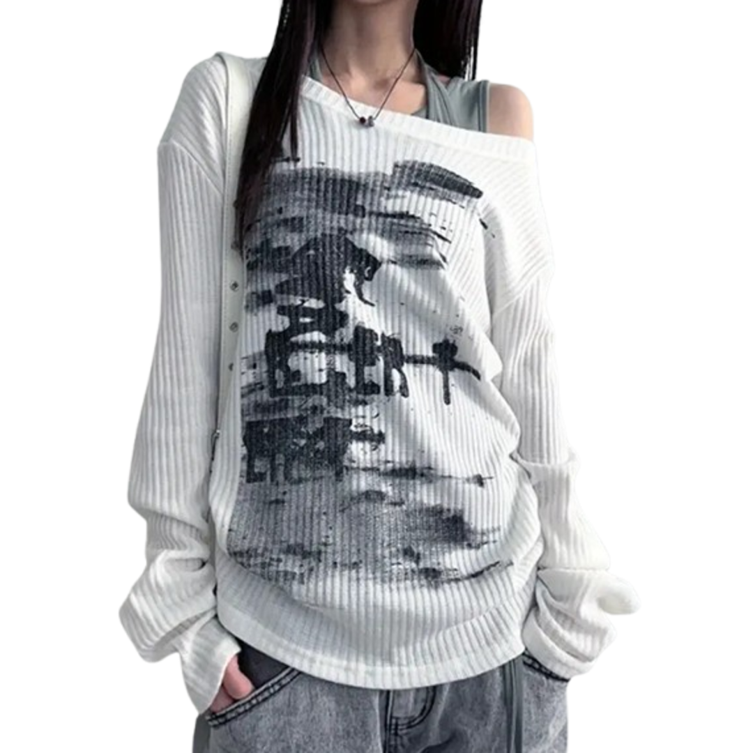 Y2K Black &amp; White Geometric Top - Long Sleeve, Loose Fit, Round Neck